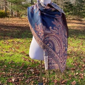 WAVERLY CELEBRATIONS SCARF WRAP PASHMINA BLUE TAN RED FLORAL PAISLEY LARGE